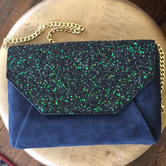 💝NWT Ann Taylor Blue Suede Green Sparkle Clutch - Picture 4 of 9